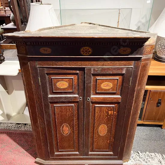 An Attractive Geo III Oak & Inlaid Hanging Corner Cupboard