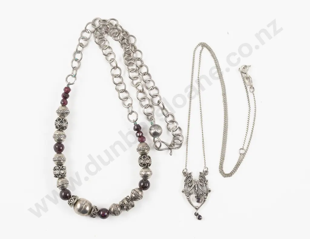 Art Nouveau Style S/S Two Stone Amethyst Pendant on Neck Chain Image 1++