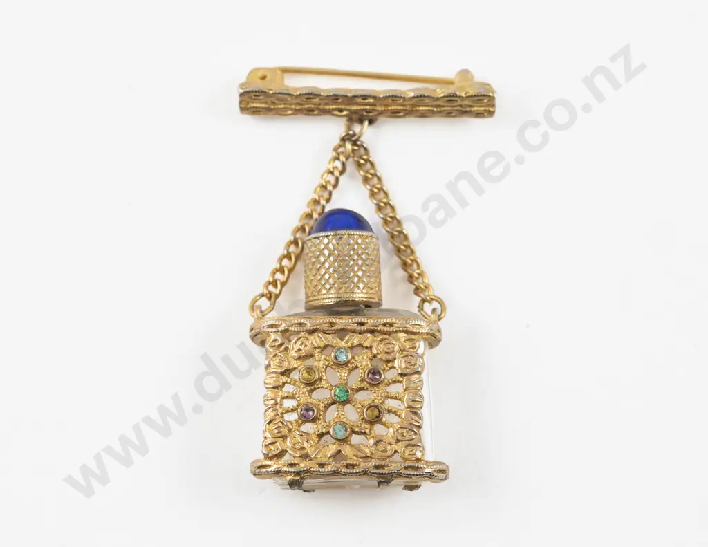 Vintage Gold Plated Czech Filigree and Rhinestone Perfume Bottle Brooch Image 1++