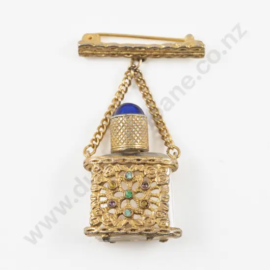 Vintage Gold Plated Czech Filigree and Rhinestone Perfume Bottle Brooch