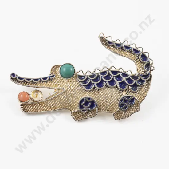 S/S and Enamel Filigree Alligator Brooch