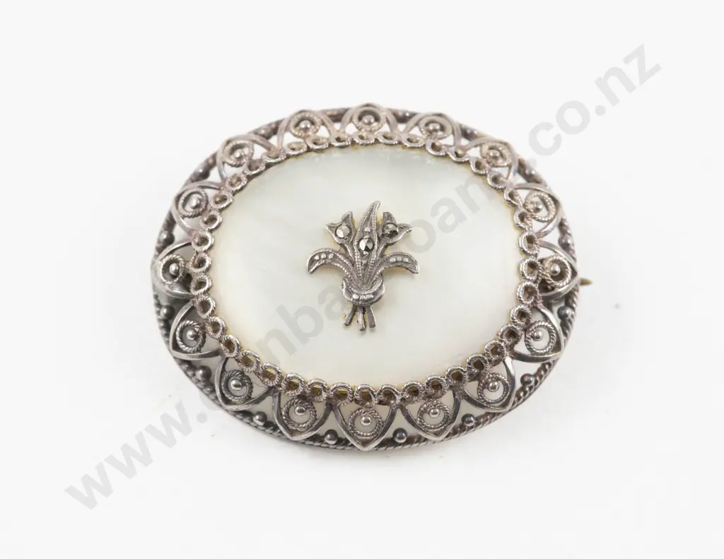Vintage S/S Marcasite and MOP Brooch Image 1++