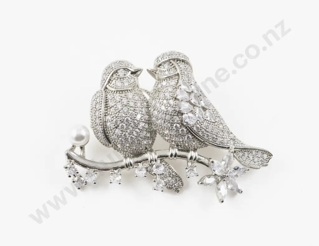 Silver Plated Cubic Zirconia Love Bird Brooch Image 1++