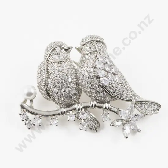 Silver Plated Cubic Zirconia Love Bird Brooch