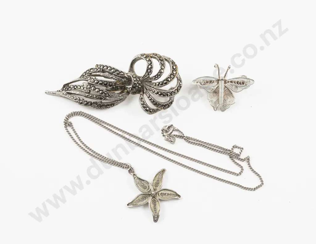 S/S Filigree Flower Pendant with Butterfly Brooch and Marcasite Brooch Image 1++
