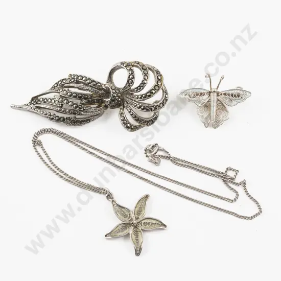 S/S Filigree Flower Pendant with Butterfly Brooch and Marcasite Brooch