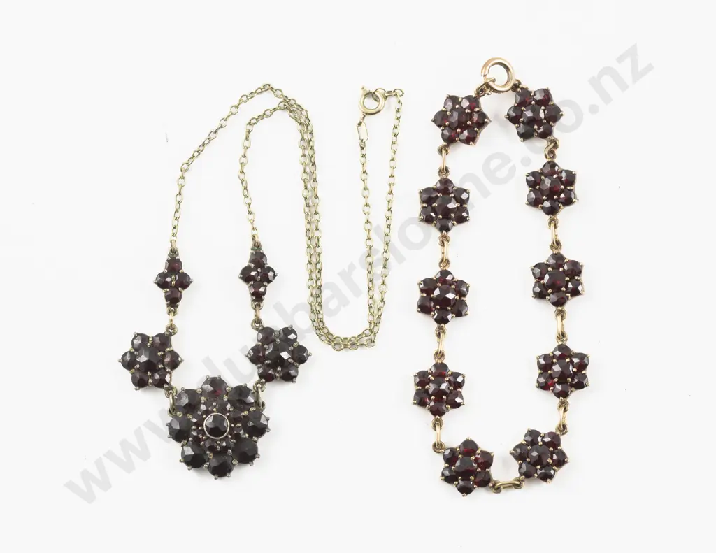 Vintage Gold Plated Garnet Cluster Necklace and Matching Bracelet Image 1++