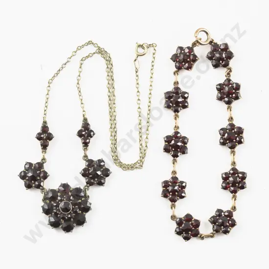 Vintage Gold Plated Garnet Cluster Necklace and Matching Bracelet