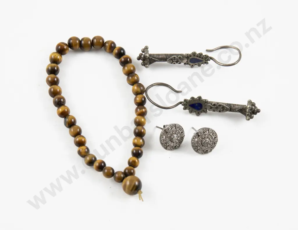 Pair S/S Crystal Stud Earrings with Tiger Eye Bracelet and Other Earrings Image 1++