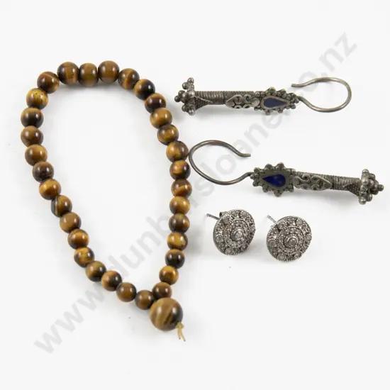 Pair S/S Crystal Stud Earrings with Tiger Eye Bracelet and Other Earrings