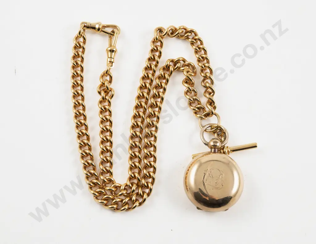 Dennison Gold Plated Sovereign Holder on Fancy Link Fob Chain Image 1++
