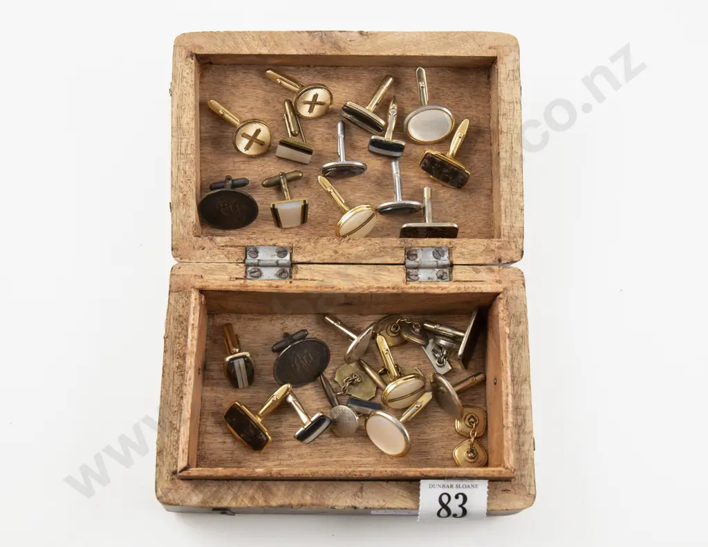 Collection of Assorted Cuff Links in Wooden Box Image 1++