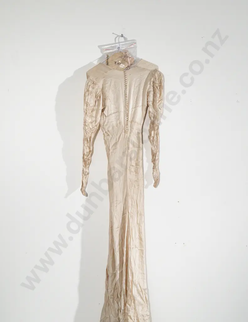 Early 20thC Silk Satin Wedding Dress with 'Good Luck' Horse Shoe Image 1++