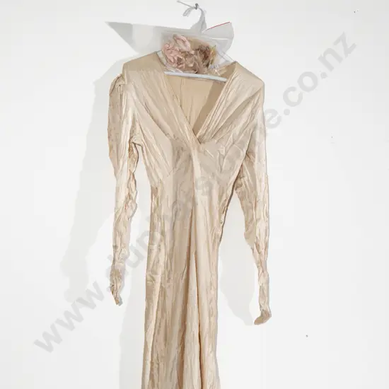Early 20thC Silk Satin Wedding Dress with 'Good Luck' Horse Shoe