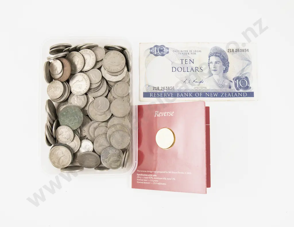 Qty Mainly NZ C1960 Coinage with $10 Note and 1984 AU Unc $1 Image 1++