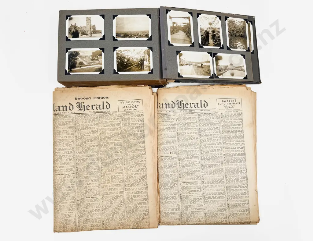Vintage Black and White Photo Album with Two Vintage NZ Herald Newspapers Image 1++