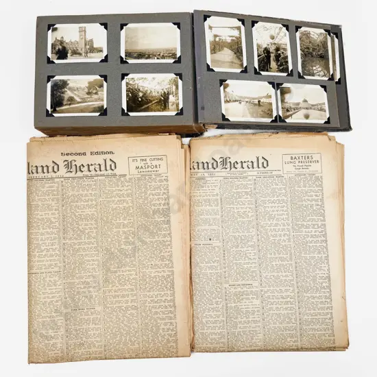 Vintage Black and White Photo Album with Two Vintage NZ Herald Newspapers