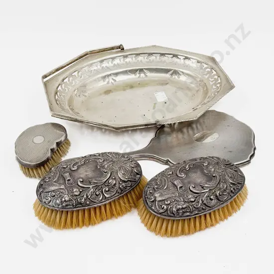 Three S/S Vanity Brushes with S/S Hand Mirror Etc