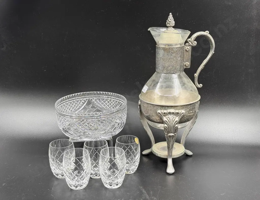 Claret Jug with Crystal Bowl and Assorted Tumbers Image 1++