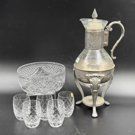 Claret Jug with Crystal Bowl and Assorted Tumbers