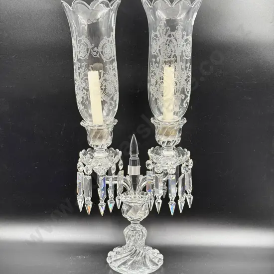 Baccarat (French) Designed Crystal Candelabra with Hurricane Shades