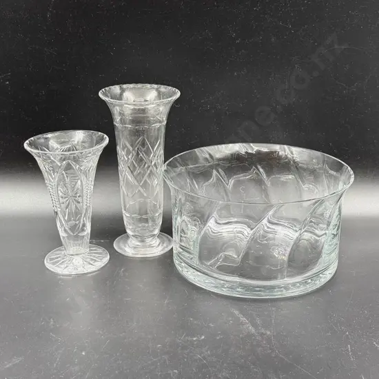 Glass Centre Bowl Together with Two Crystal Vases