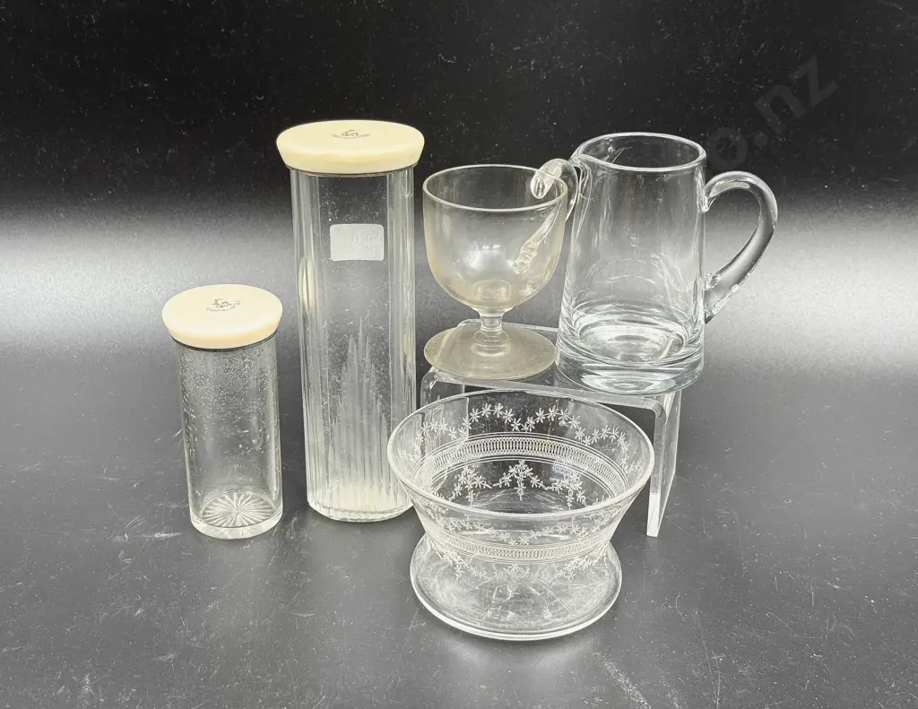Two Bone Lidded Vanity Jars and Assorted Glassware Image 1++