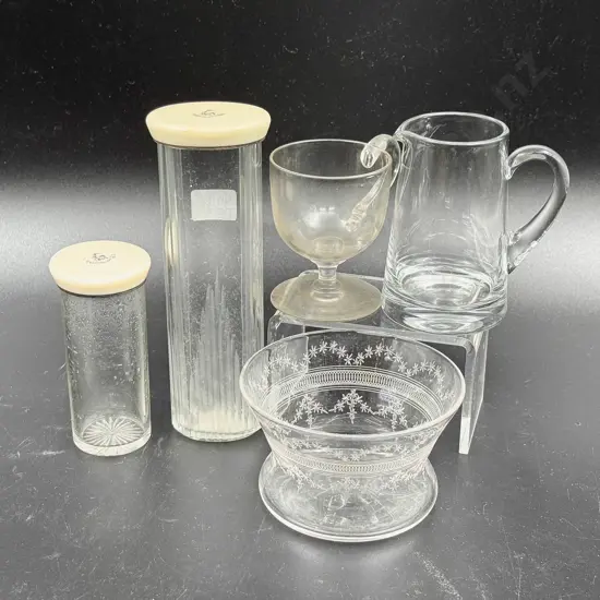 Two Bone Lidded Vanity Jars and Assorted Glassware