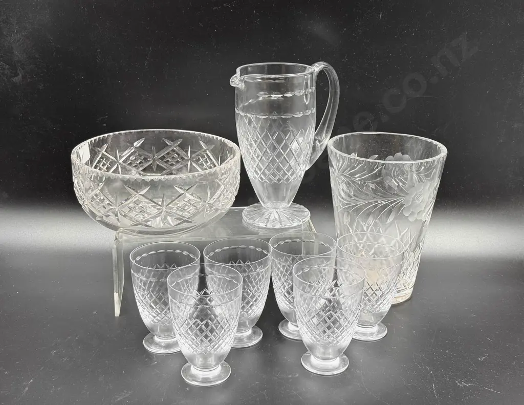 Webb & Corbett Jug with Six Matching Glasses Together with Crystal Vase and Bowl Image 1++