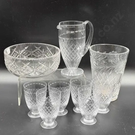 Webb & Corbett Jug with Six Matching Glasses Together with Crystal Vase and Bowl