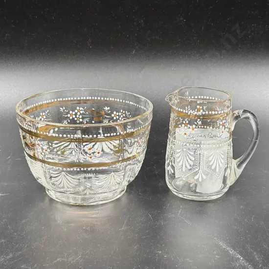 Victorian Hand Painted Glass Sugar and Cream