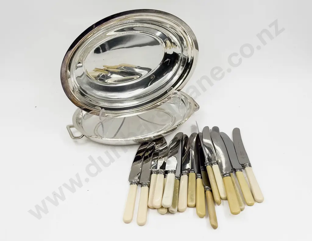 Qty of Assorted Bone Handled Knives in Plated Tureen Image 1++