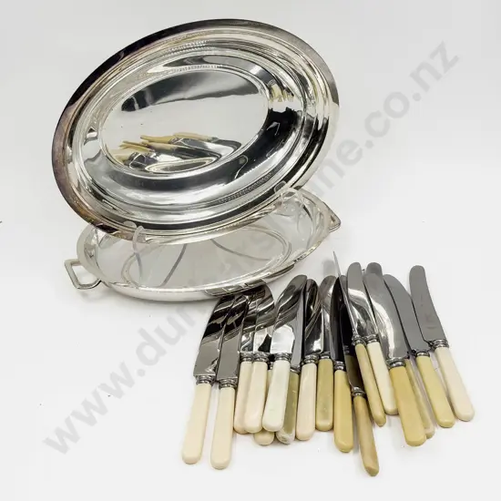 Qty of Assorted Bone Handled Knives in Plated Tureen