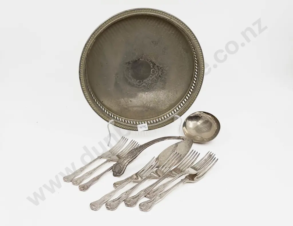Qty of Assorted S/P Kings Pattern Cutlery incl. Ladle together with Circular Plated Gallery Tray Image 1++