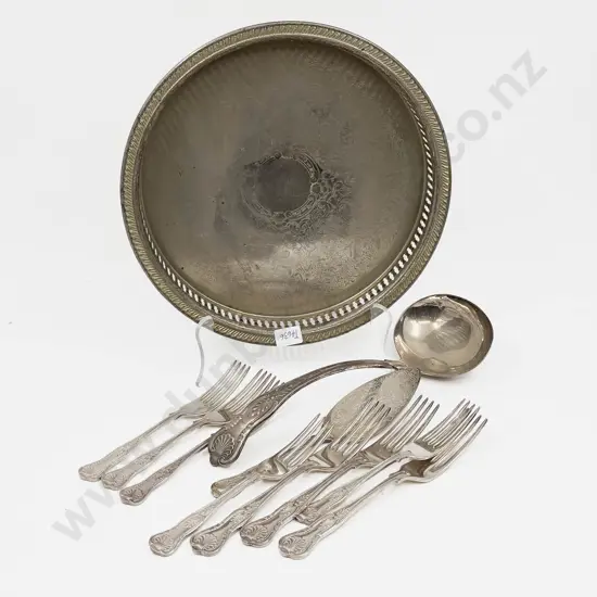 Qty of Assorted S/P Kings Pattern Cutlery incl. Ladle together with Circular Plated Gallery Tray