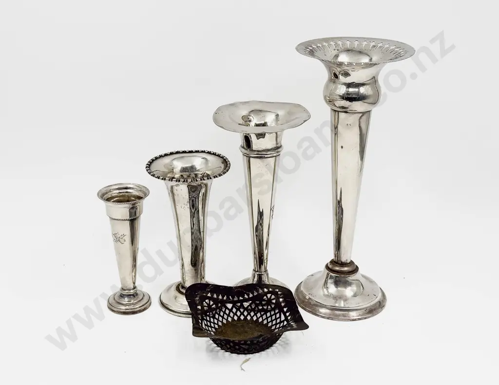 Four S/P Specimen Vases Together with Small Pierced S/S Dish Image 1++