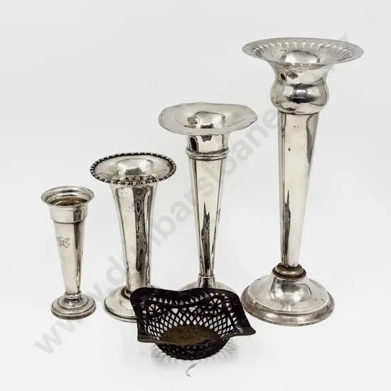 Four S/P Specimen Vases Together with Small Pierced S/S Dish