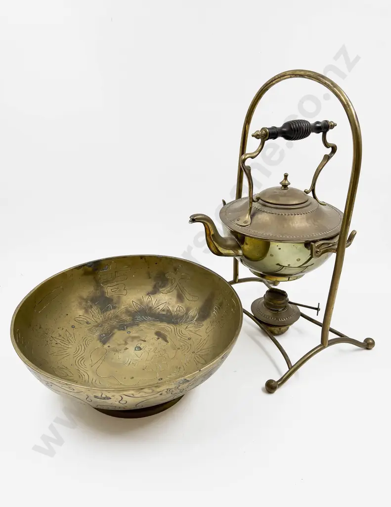 Brass Spirit Kettle and Large Brass Table Bowl Image 1++