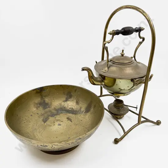 Brass Spirit Kettle and Large Brass Table Bowl