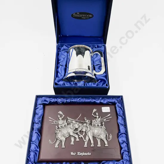 Boxed Pewter Tankard Together with Wooden and Pewter Plaque "War Elephants"