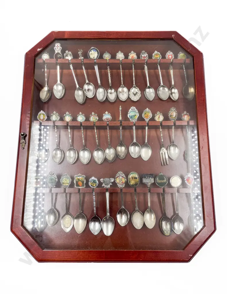 Glazed Door Wooden Display Cabinet of Assorted Souvenir Spoons Image 1++
