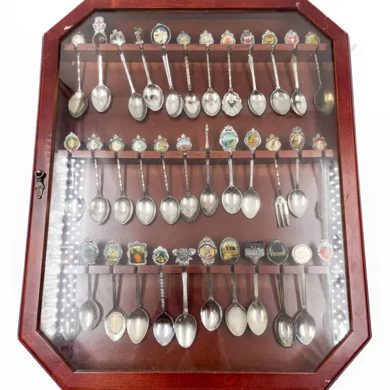 Glazed Door Wooden Display Cabinet of Assorted Souvenir Spoons