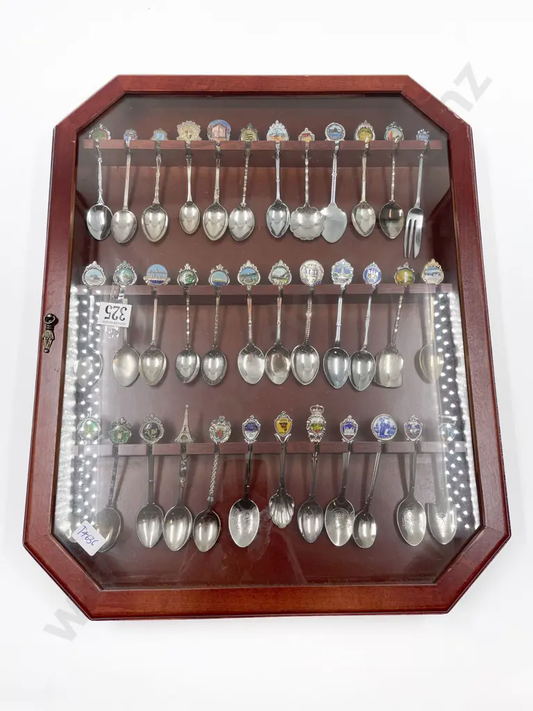 Glazed Door Wooden Display Cabinet of Assorted Souvenir Spoons Image 1++