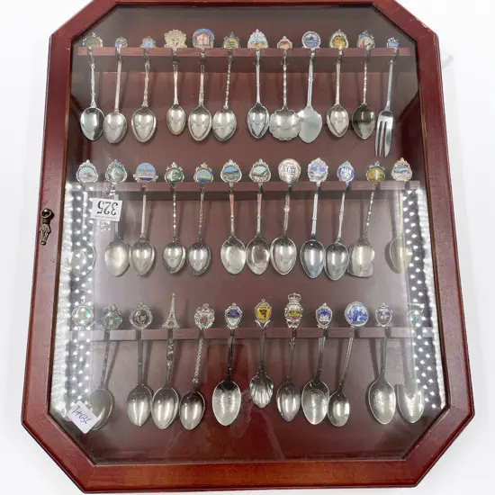 Glazed Door Wooden Display Cabinet of Assorted Souvenir Spoons