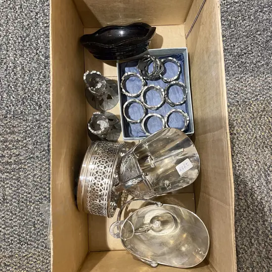 Pair of Decorative Pewter Candle Holders with Napkin Rings and Assorted S/P