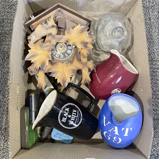 Cuckoo Clock with Whisky Jugs etc