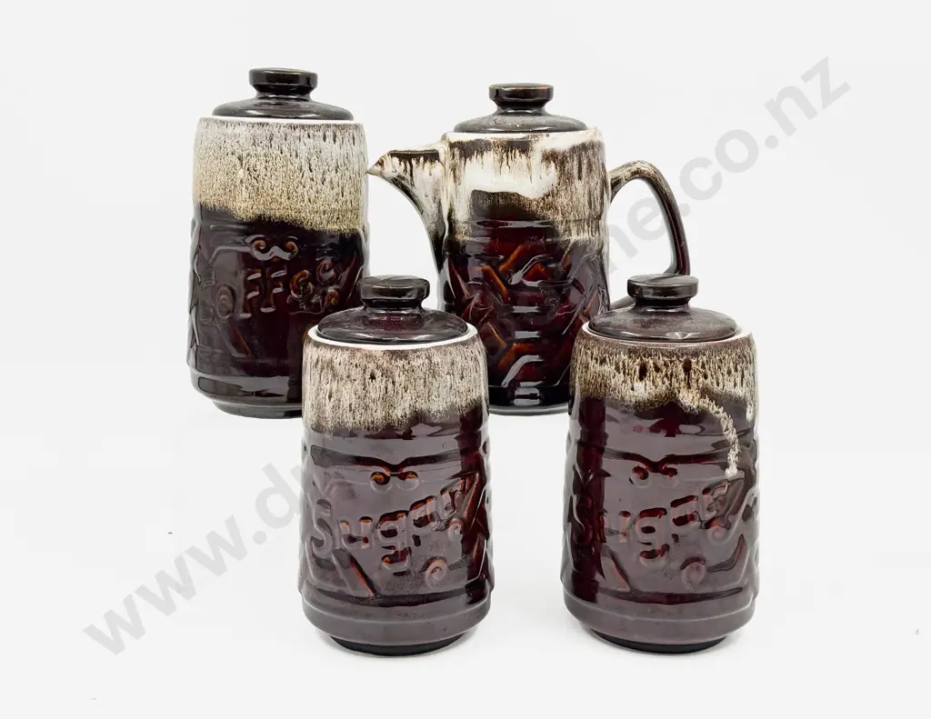 Three Pottery Jars and Matching Coffee Pot Image 1++