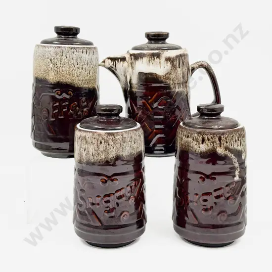 Three Pottery Jars and Matching Coffee Pot