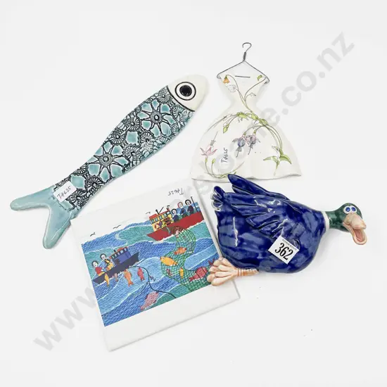 Modern Tile Together with Three Decorative Pottery Wall Hangings