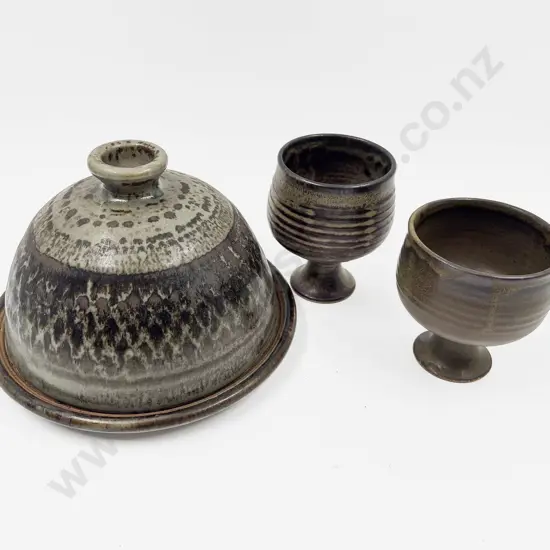 Mirek Smisek Dish & Dome Cover With Two NZ Potttery Goblets